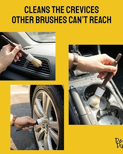 Soft Boar Hair Car Detailing Brush Set - 3-Pack, Brown - Car Detailing Kit for Versatile Uses - Soft Bristles Cleaning Brush - Water-Resistant Handles
