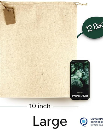 LEAFICO Multipurpose Eco Cloth Bags - Large 10x12 Inch (12 Pack) - Cotton Produce Storage Sacks - Muslin Drawstring Pouches for Vegetables - Bread Bags - Fabric Sachets