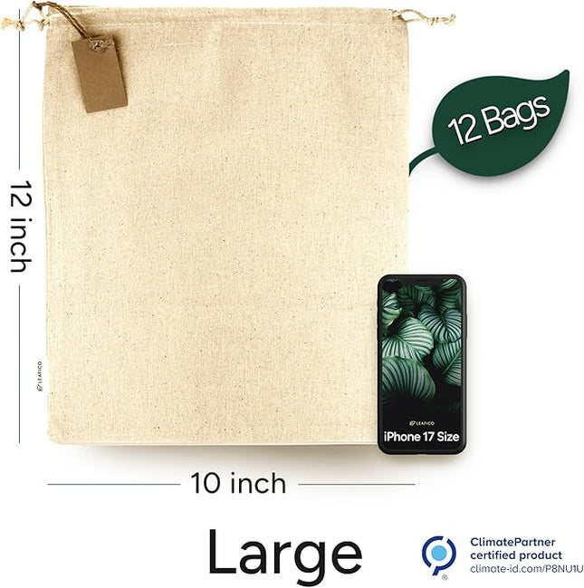 LEAFICO Multipurpose Eco Cloth Bags - Large 10x12 Inch (12 Pack) - Cotton Produce Storage Sacks - Muslin Drawstring Pouches for Vegetables - Bread Bags - Fabric Sachets