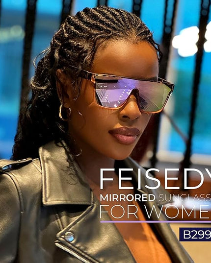 FEISEDY Sunglasses for Women Men, Fashion Mirrored Single Lens, Driving Beach Sunnies UV400 Shades B2996