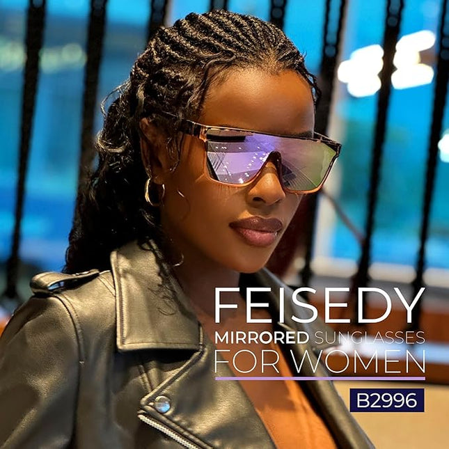 FEISEDY Sunglasses for Women Men, Fashion Mirrored Single Lens, Driving Beach Sunnies UV400 Shades B2996