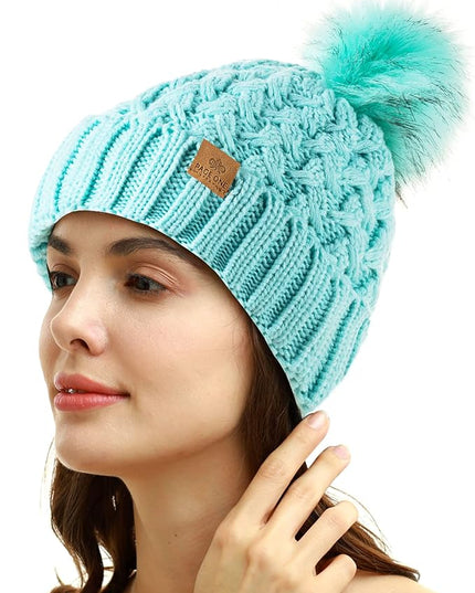 PAGE ONE Womens Winter Ribbed Beanie Crossed Cap Chunky Cable Knit Pompom Soft Warm Hat