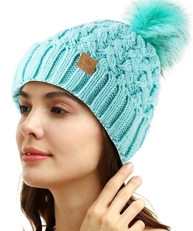 PAGE ONE Womens Winter Ribbed Beanie Crossed Cap Chunky Cable Knit Pompom Soft Warm Hat