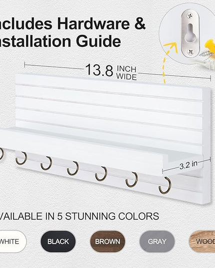 Lwenki Decorative Key Holder for Wall with Shelf, Entryway Shelf with Hooks Holds Leashes, Jackets and Glasses – Sturdy Wood Keyholder Entrance Hanger with Mounting Hardware (White, Large)