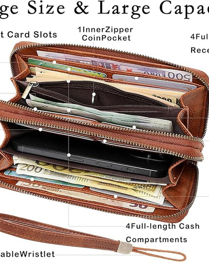 YAPAIOU Wallet For Women Large Capacity Wristlet Purse for Women RFID Blocking Multi Clutch Wallet Brown