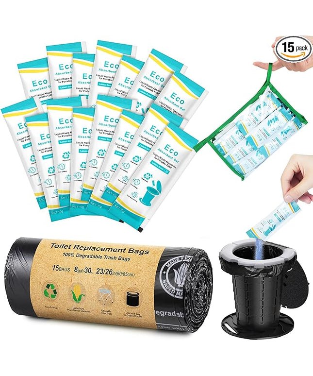 BLIKA 15 Count Camping Toilet Bags Eco Absorbent Gel Set, Portable Toilet Bags with Gel, 8 Gallon, 30 Liter, Heavy Duty 1 Mil, Toilet Replacement Bags with Toilet Powder for Camping Outdoor Hiking