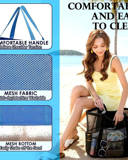 Mesh Beach Bag, Large Beach Tote with Zipper Pocket, Toys Pool Bag for Family Travel Vacation Cruise Essentials