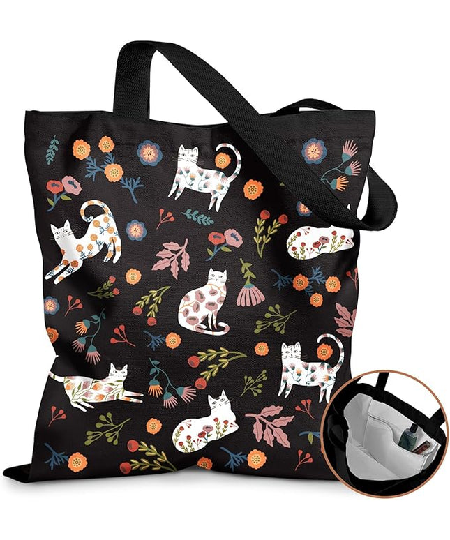 Canvas Tote Bag with Pockets - Aesthetic Reusable Totes for Women Ladies Cute Printed Cloths Canvas Shoulder Bag