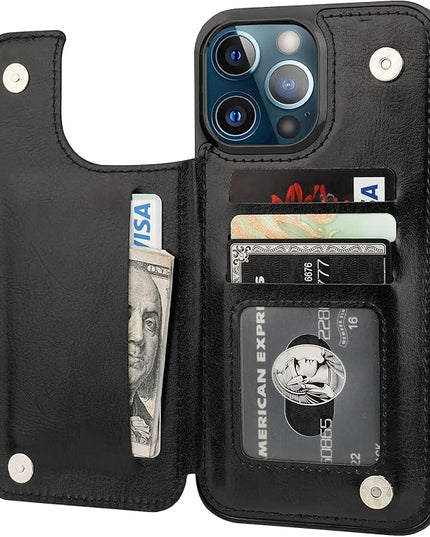 ONETOP Compatible with iPhone 13 Pro Max Wallet Case with Card Holder,PU Leather Kickstand Card Slots Case, Double Magnetic Clasp and Durable Shockproof Cover 6.7 Inch(Black)