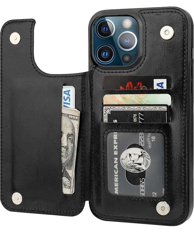 ONETOP Compatible with iPhone 13 Pro Max Wallet Case with Card Holder,PU Leather Kickstand Card Slots Case, Double Magnetic Clasp and Durable Shockproof Cover 6.7 Inch(Black)