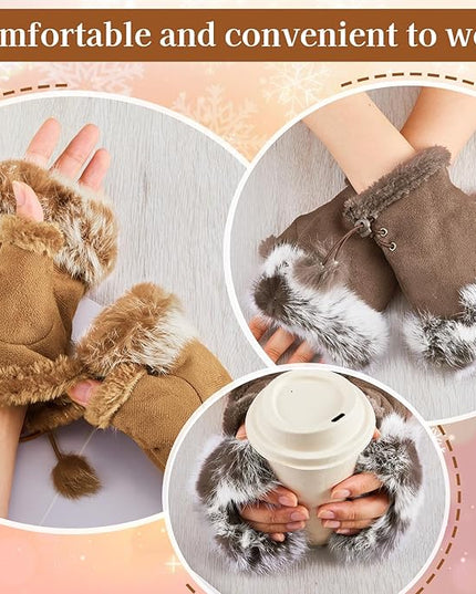 SATINIOR Women Fur Fingerless Gloves Winter Rabbit Fur Lined Half Finger Mittens for Women Girls Teen Working Writing
