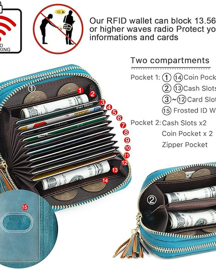 APHISON RFID Credit Card Holder Zipper Card Case Keychain Small Wallet for Women 1942-2 PEACOCK-BLUE