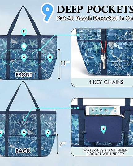 Mesh Beach Bag, Large Beach Tote with Zipper Pocket, Toys Pool Bag for Family Travel Vacation Cruise Essentials
