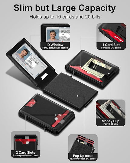 typecase Mens Wallet Card Holder: Pop Up Card Case, Genuine Leather, Smart, RFID Blocking, Slim, Minimalist, Thin, Front Pocket - 9-13 Card Capacitiy | ID Window | Money Clip (Black)
