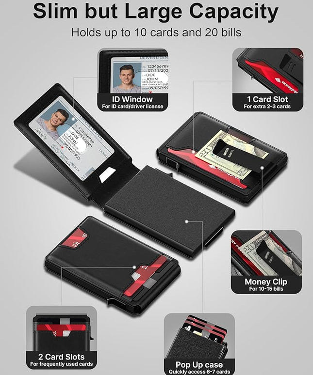 typecase Mens Wallet Card Holder: Pop Up Card Case, Genuine Leather, Smart, RFID Blocking, Slim, Minimalist, Thin, Front Pocket - 9-13 Card Capacitiy | ID Window | Money Clip (Black)