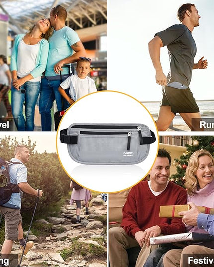 RFID Blocking Money Belt for Men Women, Slim Fanny Pack for Travel，Running,Conceal Waist Wallet for Passport Holder,Phone,Cash(Light Grey)