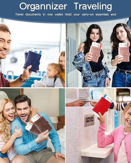 Passport Holder and Card Slot Combo RFID Blocking Leather Family Travel Passport Wallet Travel Accessories for Men Women US Passport Cover Protector (Travel blue)