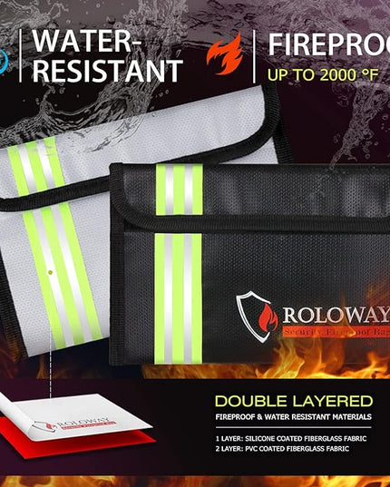 ROLOWAY Small Fireproof Bag (5 x 8 inches) with Reflective Strip, Fireproof Money Bag for Cash, Valuables, Passport, Currency & Keys (2-Pack)