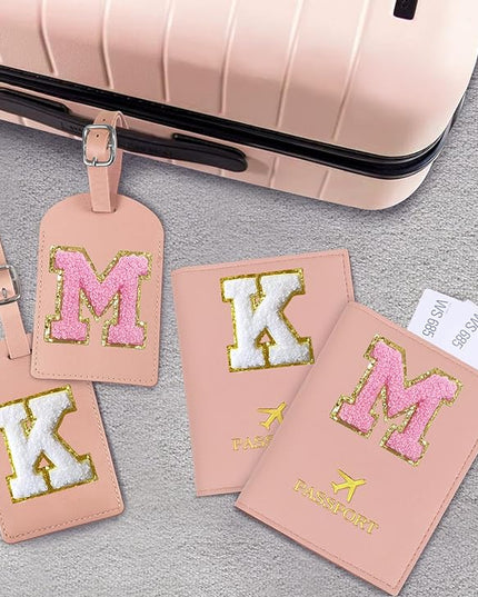 COSHAYSOO Pink Passport Cover Book Holder Travel Luggage Tag Set for Women Teen Girls with Initial Monogram Letter, Cute Airplane Essentials Personalized Cruise Accessories Trip Favor Gifts A