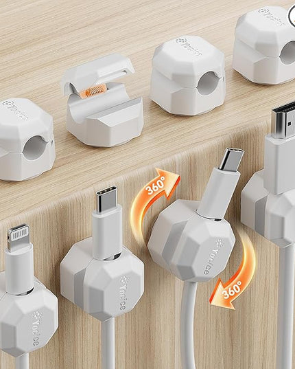 8 Pack Rotatable Cable Clips,Spring Cord Organizer Desk Cable Management Cord Holder Adhesive Phone Charger Cord Clips for Home Office Car Wall Nightstand Accessories White
