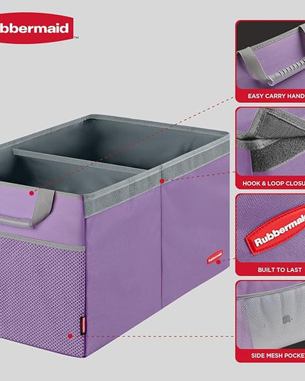 Rubbermaid Car Organizer, Collapsible Trunk Organizer, Multi-Compartment Car Storage Organization for Car Accessories, 2 Compartments With Cover, 21.65"*14.17"*12.2" - Purple