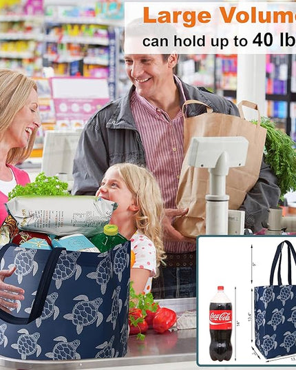 BeeGreen Sea Turtle Reusable Shopping Bags For Groceries 6 Pack- Large Foldable Tote Bags- Strong Handles for Heavy Groceries, Perfect for Supermarket, Farmers Market, and Storage Organization