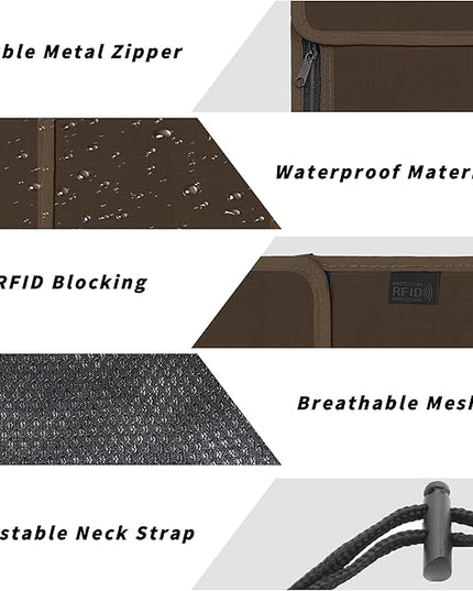 Travel Neck Wallet with RFID Blocking – Passport Holder Organizer Neck Pouch – Portable Easy to Conceal Travel Pouch (Brown)