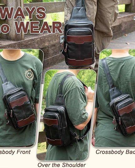 Genuine Leather Sling Bag for Men and Women Crossbody Shoulder Bag Side Sling Backpack Chest Purse Cross Body Casual Daypack
