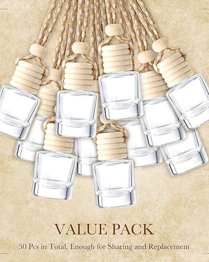 BBTO 50 Pcs Hanging Car Air Freshener Car Diffuser Bottles Empty Glass Perfume Bottle Freshener Diffuser Bottle Pendant for Essential Oil Fragrance Aromatherapy Bottle Ornament (Cylinder)