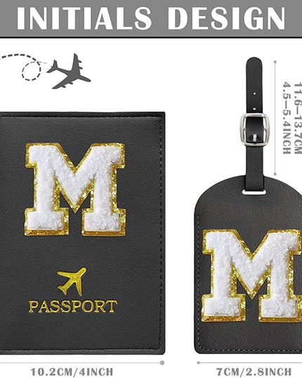 COSHAYSOO Black Initial Passport Cover Holder and Luggage Tag Set TSA Approved with Alphabet Chenille Letter Patch for Women Teenager Girls, PU Leather Traveling Bag Suitcase Identifier (M)