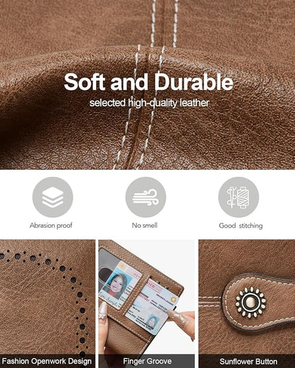 TFKGS RFID Wallet Women Small Wallets Card Holder Wallet for Women Leather Slim Bifold Compact Ladies Zipper Coin Pocket with ID Window Birthday Christmas Gifts Brown