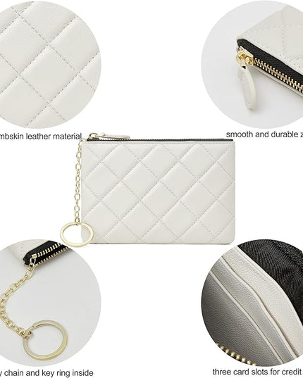 DORIS&JACKY Soft Lambskin Leather Coin Purse Small Quilted RFID Blocking Top Zipper Wallet With Key Chain