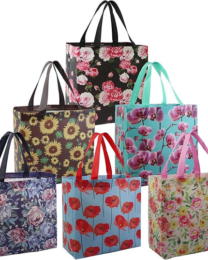 BeeGreen Flower Reusable Shopping Bags For Groceries 6 Pack- Large Foldable Tote Bags- Strong Handles for Heavy Groceries, Perfect for Supermarket, Farmers Market, and Storage Organization