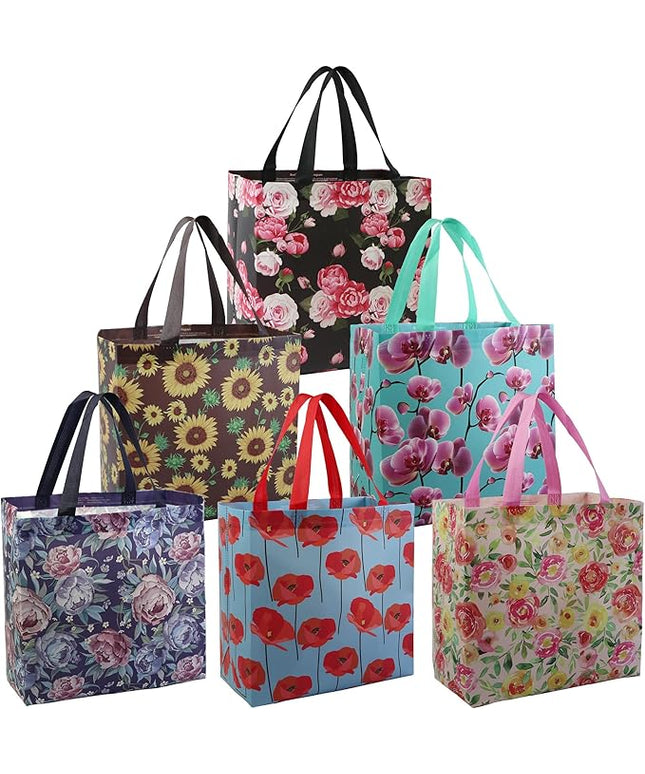 BeeGreen Flower Reusable Shopping Bags For Groceries 6 Pack- Large Foldable Tote Bags- Strong Handles for Heavy Groceries, Perfect for Supermarket, Farmers Market, and Storage Organization