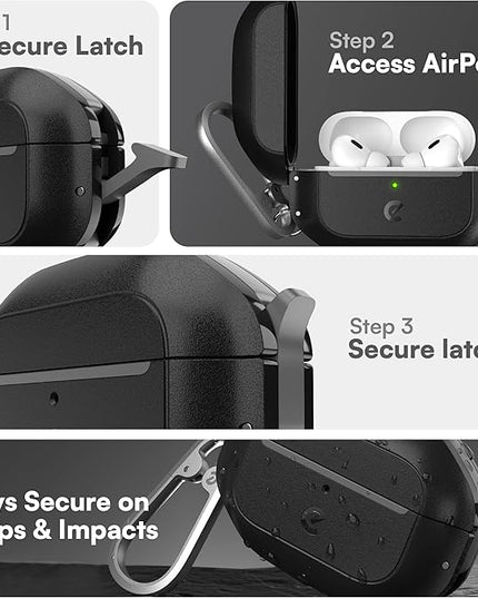 Keybudz for AirPods Pro 2 Case with Lock - Fully Waterproof AirPods Pro 2nd Generation Case Cover - Keychain, Rugged Tough Protection, Hard Shell and Carabiner for USB-C/Lightning (Carbon Black)