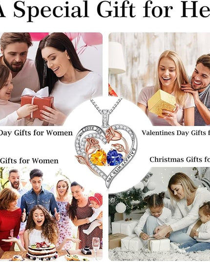 Iefil Christmas Gifts for Women Wife - 925 Sterling Silver Rose Heart Birthstone Necklace Birthday Anniversary Jewelry Gifts for Her Wife Mom Daughter