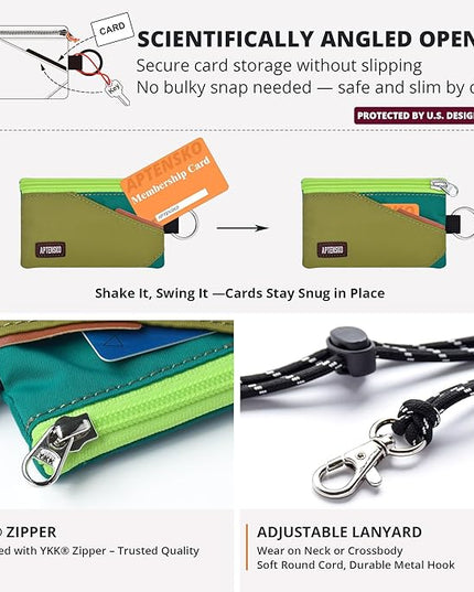 RFID Travel Wallet with Adjustable Lanyard-Zipper Small Wallet with ID Card Holder, Keychain for women&men-Minimalist Slim Waterproof Nylon case for ID, Cash, Key (OliveGreen+Turquoise)