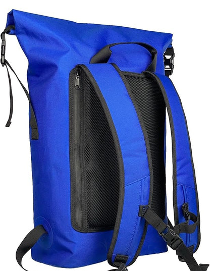 PUFFERFISH Super Sand Bag - Waterproof Roll-Top Beach Backpack, Padded Back and Straps, Multiple Pockets, Recycled Plastic, 35L, Blue
