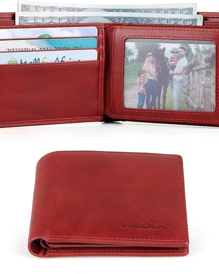 VISOUL Leather Mens Bifold RFID Blocking Wallet with 2 ID Windows, Leather Wallet for Men (Leather, Burgundy)