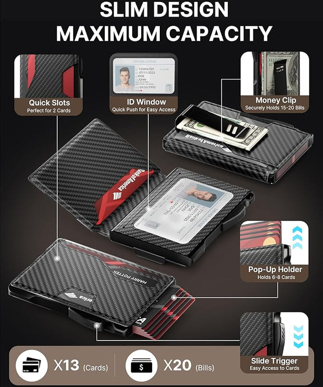 typecase Wallet for Men: Rfid-blocking with Money Clip Slim Leather Bifold ID Window Smart Pop Up Card Case Front Pocket Wallet with Gift Box (Carbon Fiber Black)