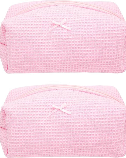 PAZIMIIK 2PCS Cozy Makeup Bag Travel Cosmetic Bag for Women Soft Toiletry Bag Aesthetic Makeup Organizer Portable Large Zipper Pouch for Skincare Beauty Accessories Brushes Walffle Check Pink