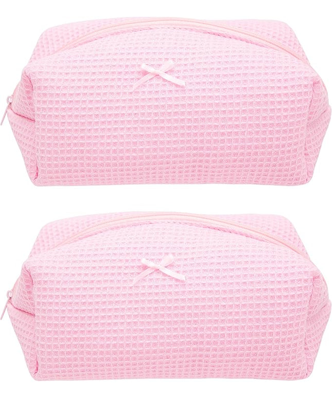 PAZIMIIK 2PCS Cozy Makeup Bag Travel Cosmetic Bag for Women Soft Toiletry Bag Aesthetic Makeup Organizer Portable Large Zipper Pouch for Skincare Beauty Accessories Brushes Walffle Check Pink
