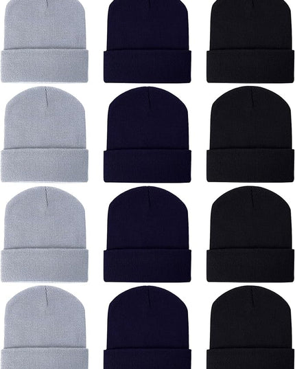 Zhanmai 12 Pack Small Winter Beanie Hats Bulk Warm Knitted Cuffed Skull Cap for Men Women