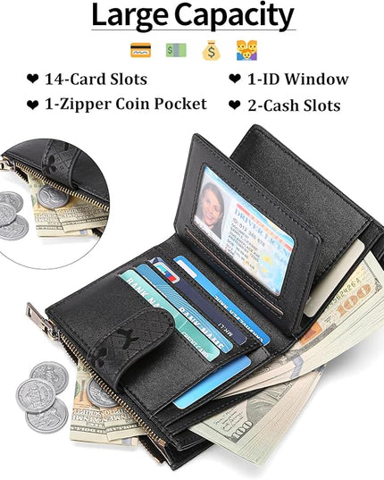 GAEKEAO Womens Wallet Small Leather RFID Blocking Bifold Zipper Pocket Wallet Card Case Purse with ID Window