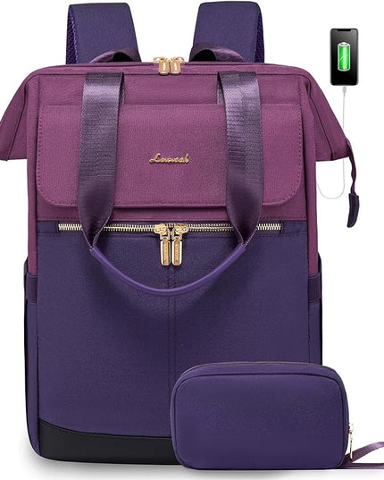 LOVEVOOK Laptop Backpack for Women, 17.7 Inch Work Laptop Bag with USB Port, Fashion Teacher Nurse Backpack Purse, Waterproof Travel Computer Backpack with Organizer Bag, 2pcs, Blue-Purple