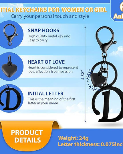 A-Z Heart Initial Letter Keychain, Stainless Steel Alphabet Charm for Handbags, Gift for Women and Girls
