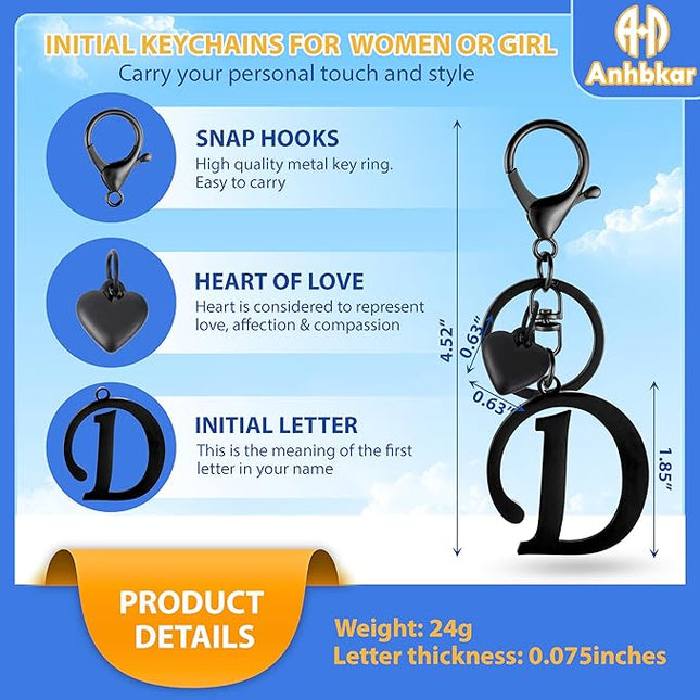 A-Z Heart Initial Letter Keychain, Stainless Steel Alphabet Charm for Handbags, Gift for Women and Girls