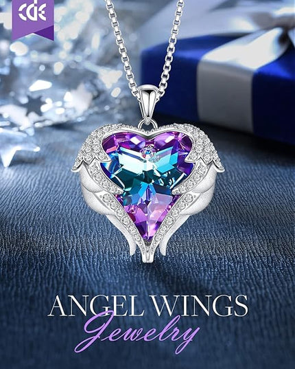 CDE Christmas Gifts for Women Angel Wings Necklace for Women with Birthstone, Love Heart Silver Tone/Gold Tone Pendant, Ideal Anniversary or Birthday Jewelry Gifts for Wife Girlfriend Her