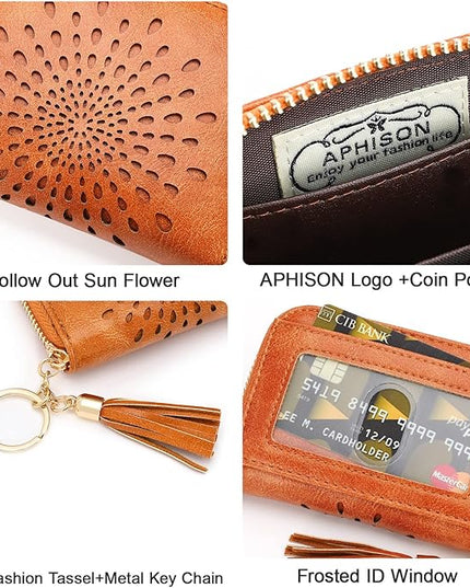 APHISON RFID Credit Card Holder Zipper Card Case Keychain Small Wallet for Women 1927 BROWN