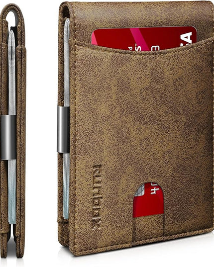 RUNBOX Slim Money Clip Wallets for Men RFID Blocking 11 Card Holder Minimalist Small Leather Bifold Men's Front Pocket Wallet Gift Box